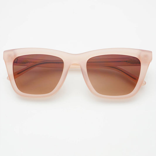 Sunglasses with pink frame and brown lenses on a white background
