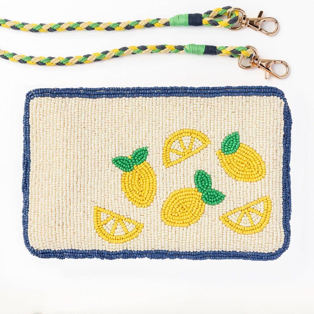 Beaded pouch with lemon designs on a white background