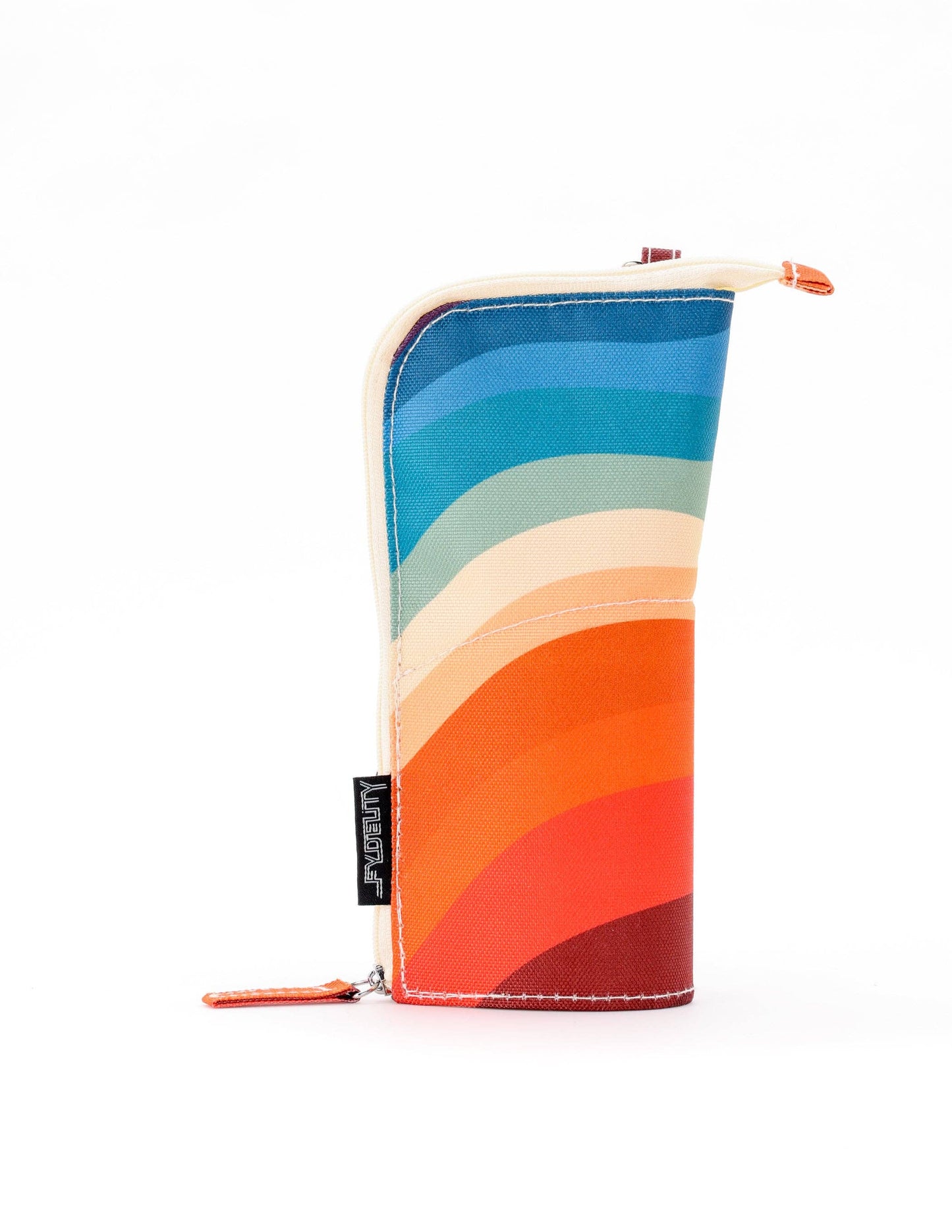 Colorful pouch with a rainbow pattern on a white background