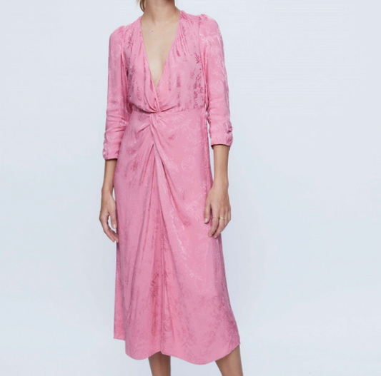 V-Neck Jacquard Midi Dress - Pink
