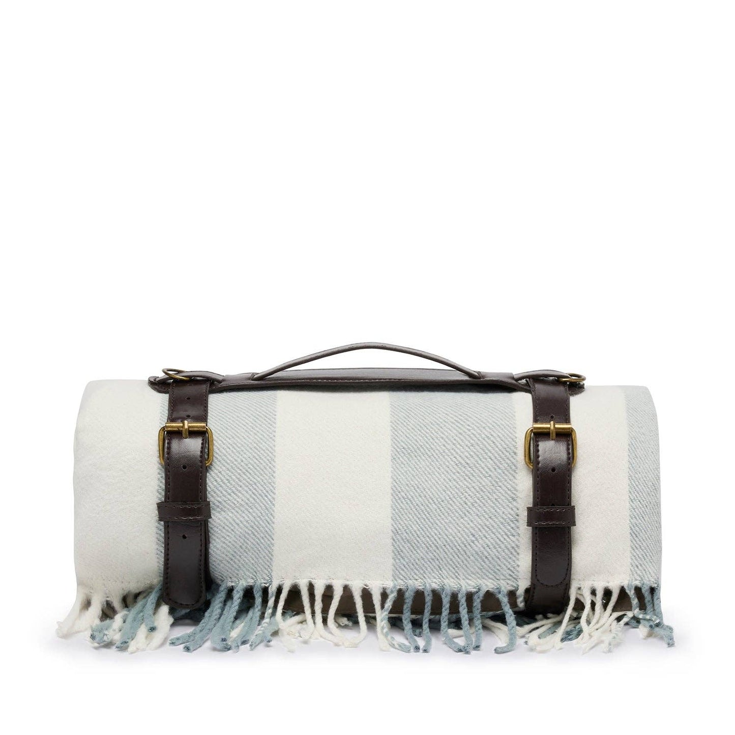 White and gray checkered picnic blanket with leather straps on a white background