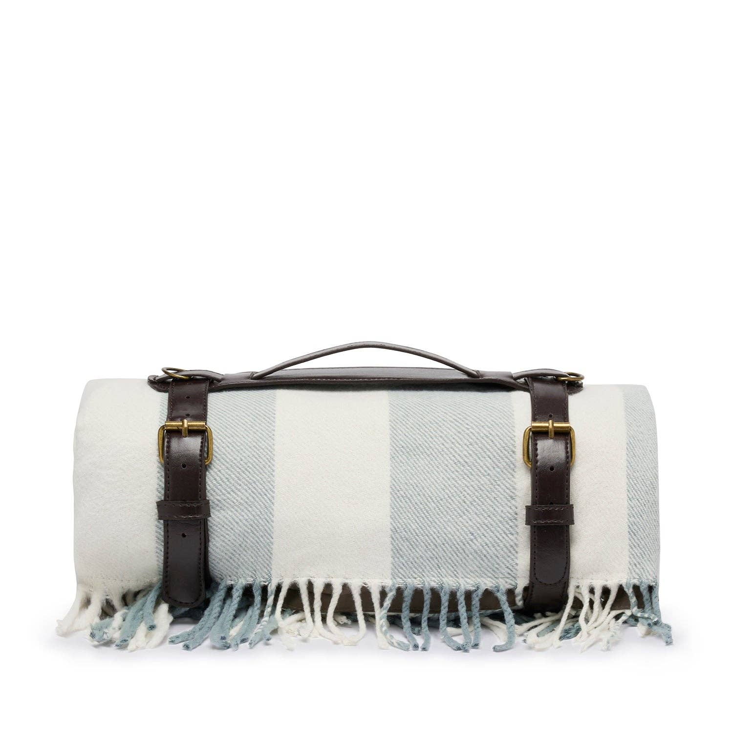 White and gray checkered picnic blanket with leather straps on a white background