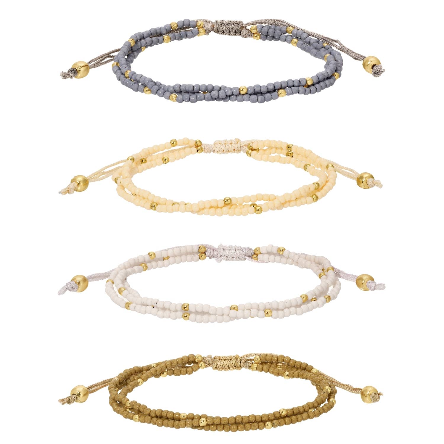 Set of four beaded bracelets in gray, beige, white, and gold on a white background