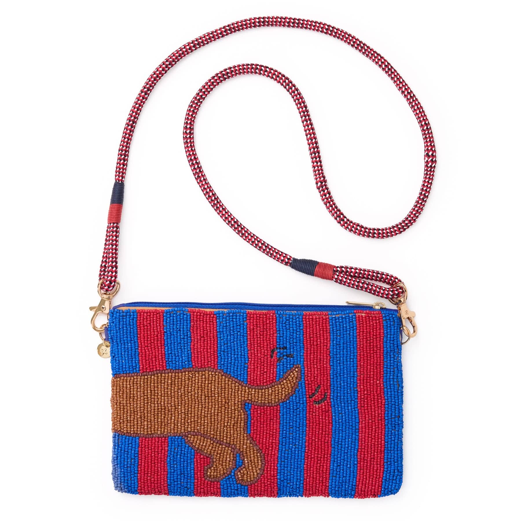 A beaded clutch bag featuring vertical red and blue stripes with a brown dog motif on the front, complete with a matching beaded shoulder strap.