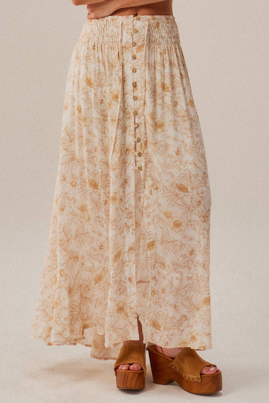 Long floral skirt with a neutral background