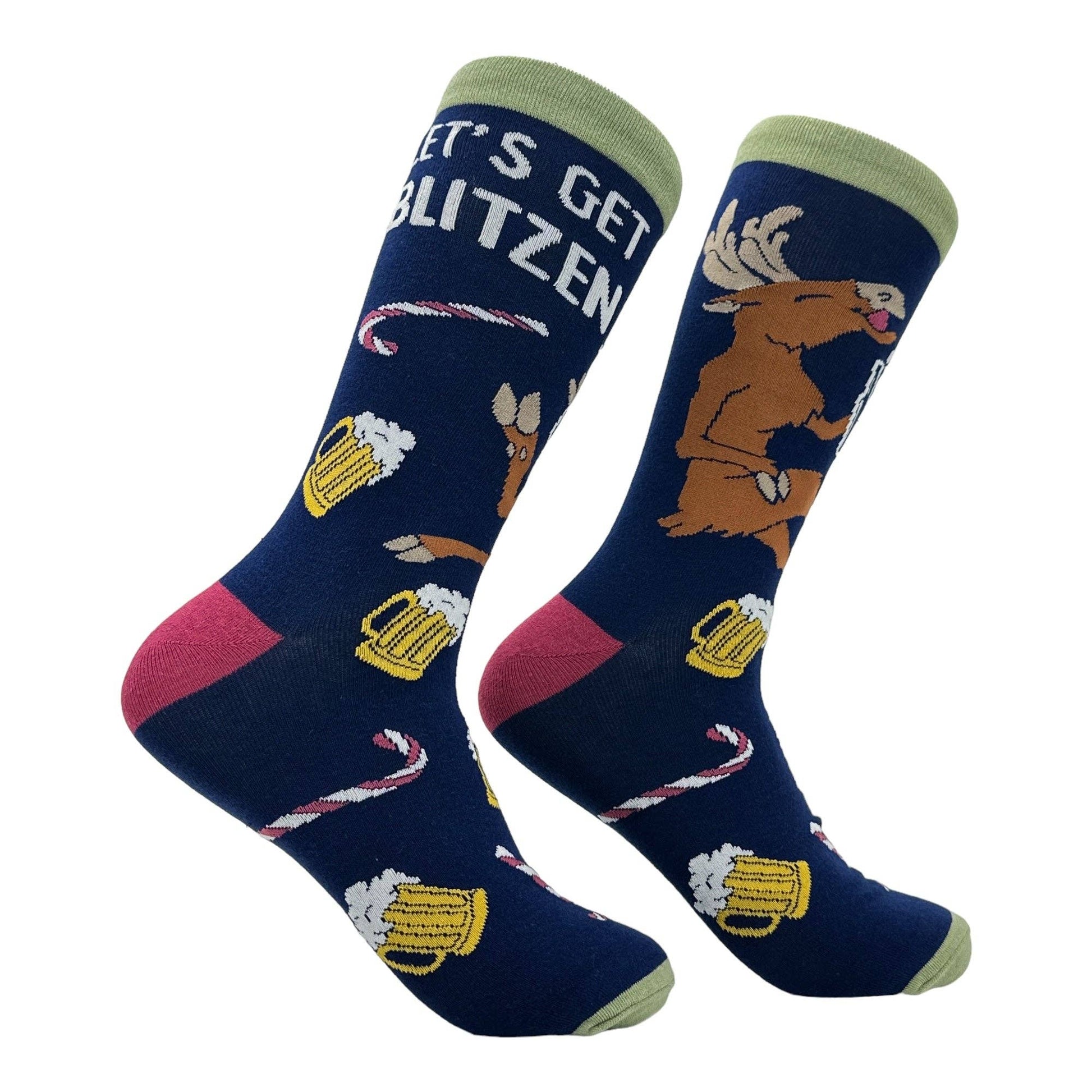 Two socks with festive designs on a white background