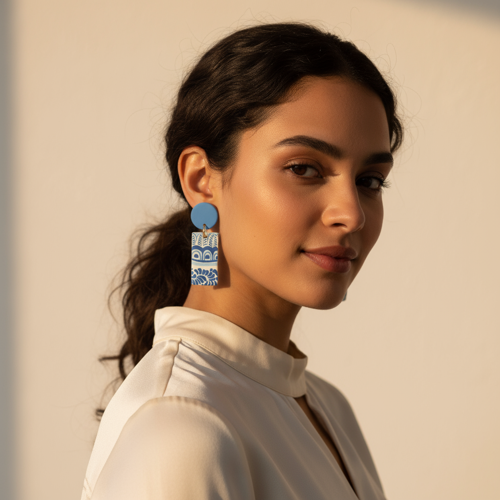 A pair of blue and white patterned earrings made from buffalo horn, displayed against a white background.