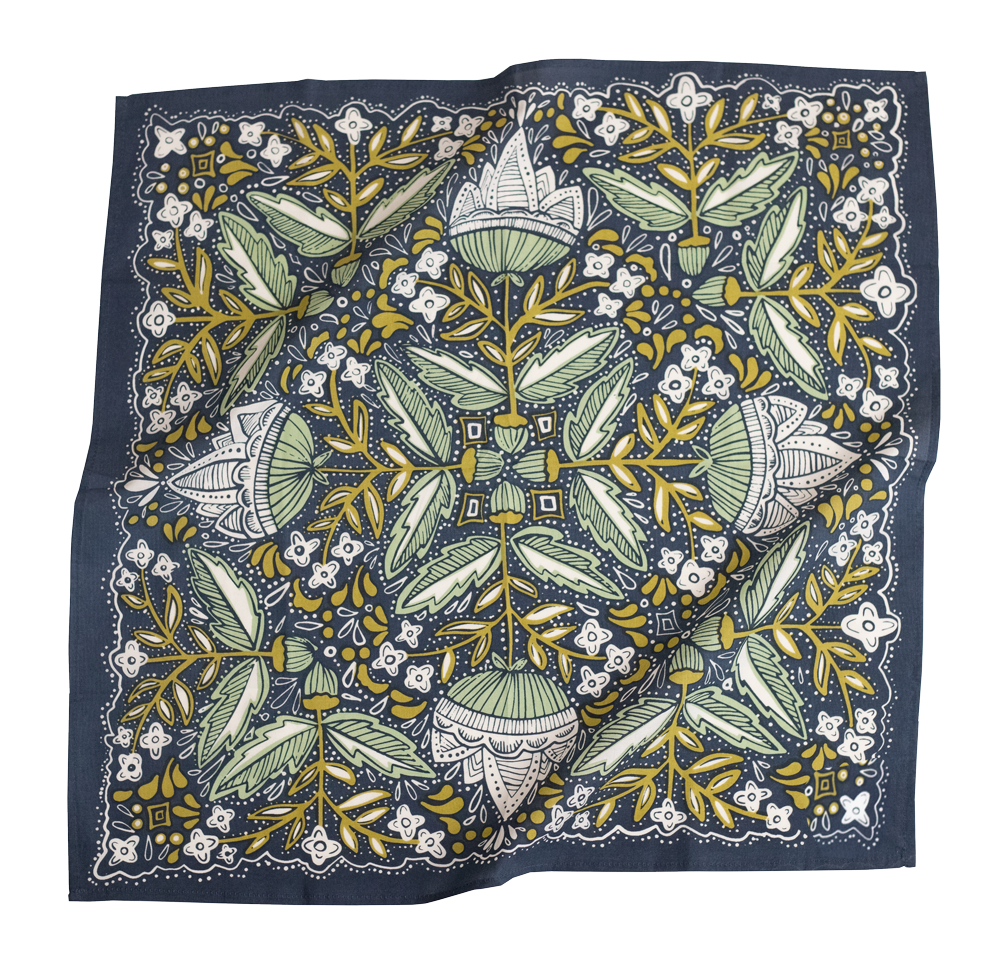 A square silk scarf featuring a detailed botanical and floral pattern in navy blue, sage green, mustard yellow, and white, shown flat against a white background.