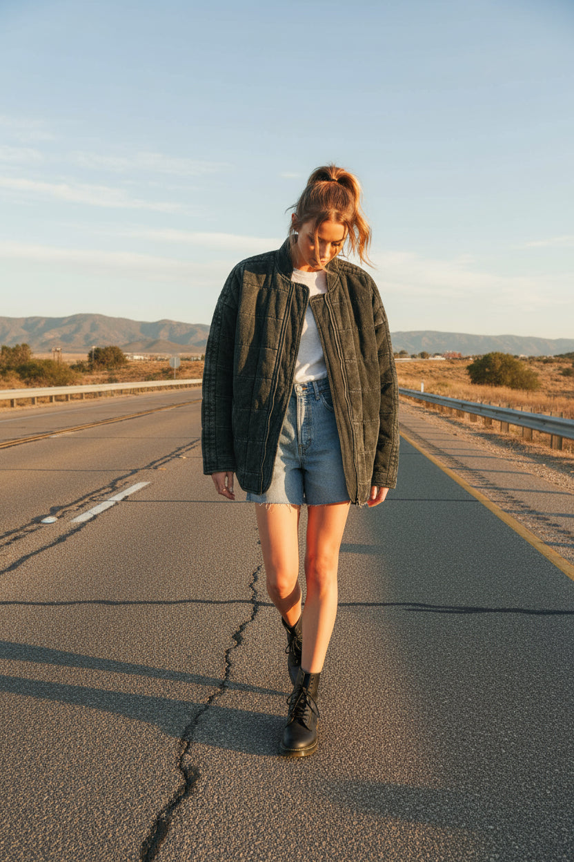 Woman wearing a dark denim jacket, denim skirt, and black boots on a beige background
