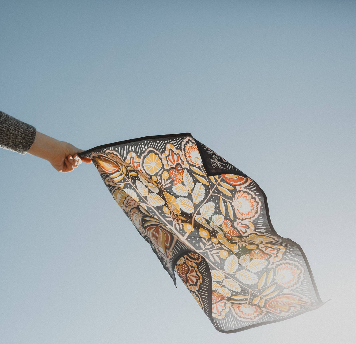 Person holding a floral-patterned scarf against a clear blue sky