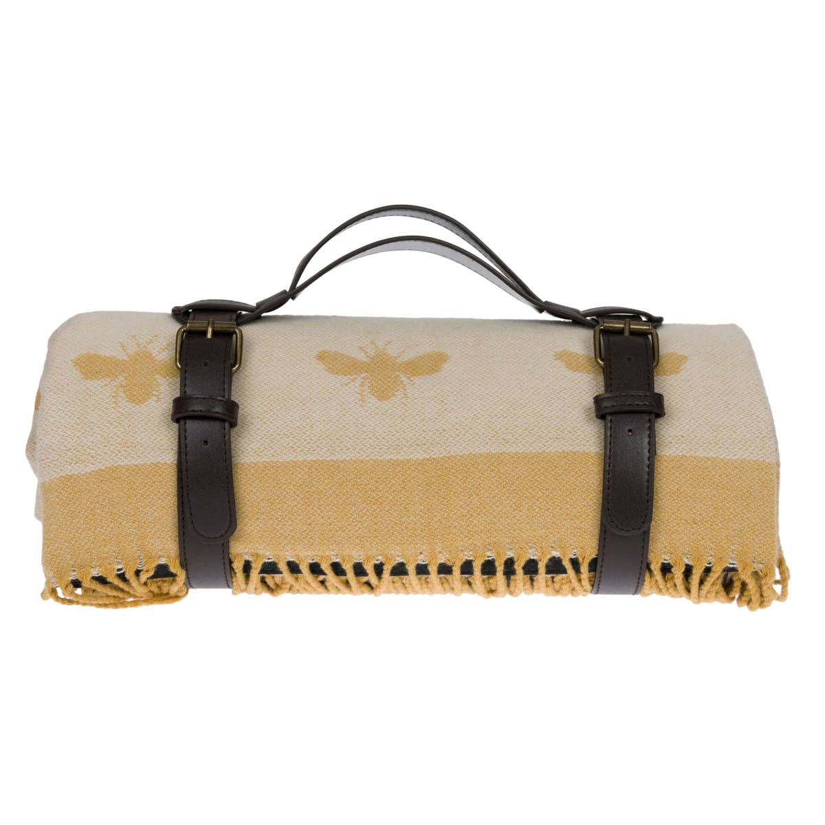 Folded picnic blanket with bee pattern and leather straps on a white background