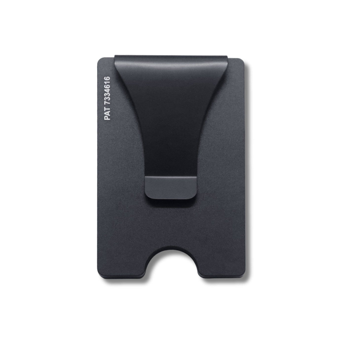 Black money clip with 'PAT' marking on a white background