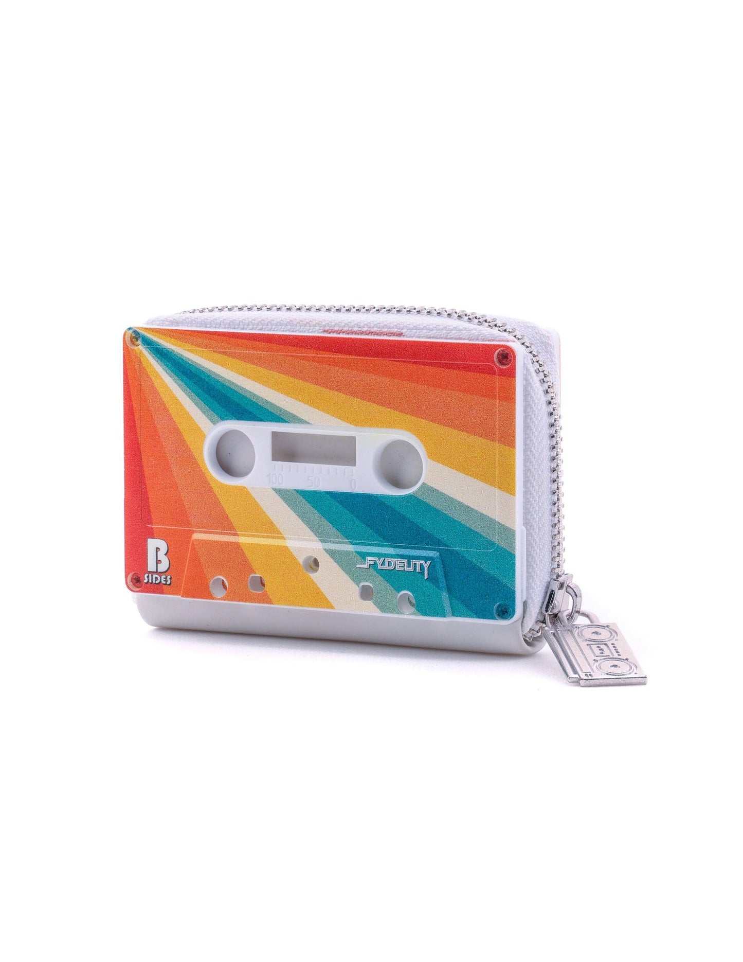 Cassette tape-shaped wallet with colorful design on a white background