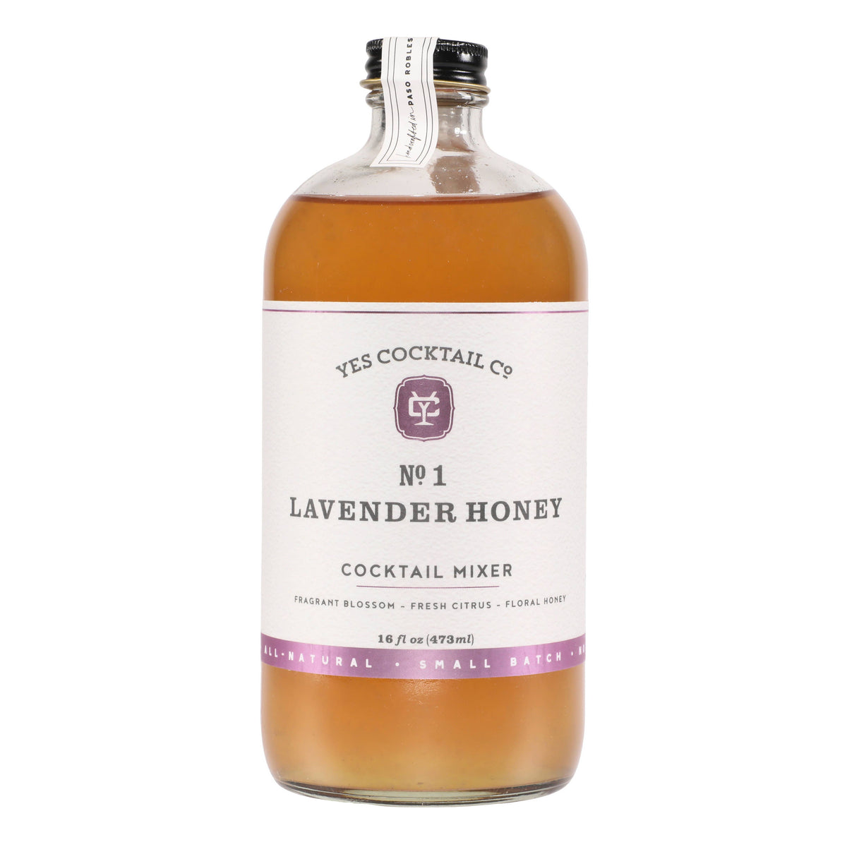 Bottle of Lavender Honey cocktail mixer from YES Cocktail Co. on a white background