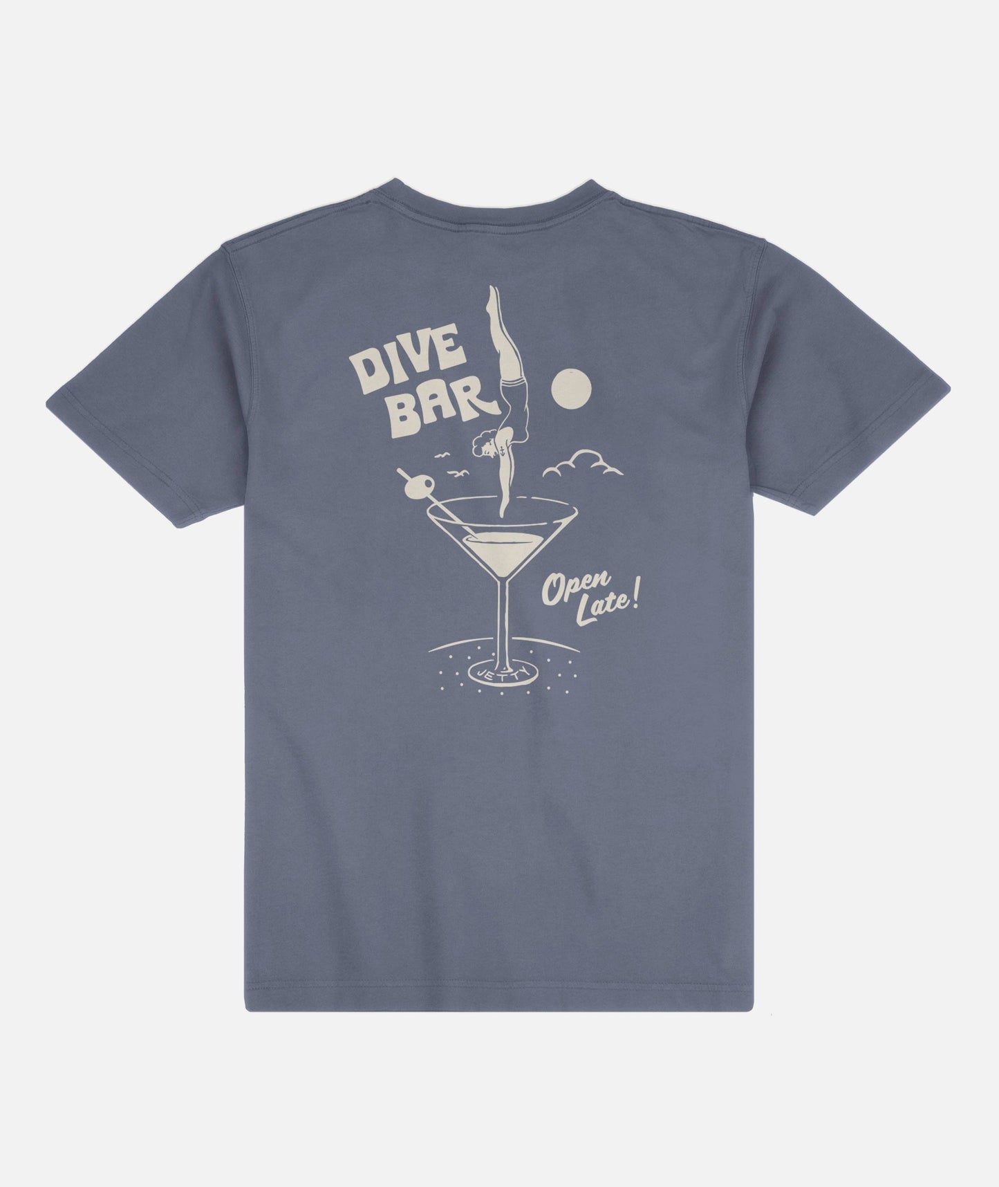 Blue t-shirt with a graphic design of a diving woman into a martini glass on a white background