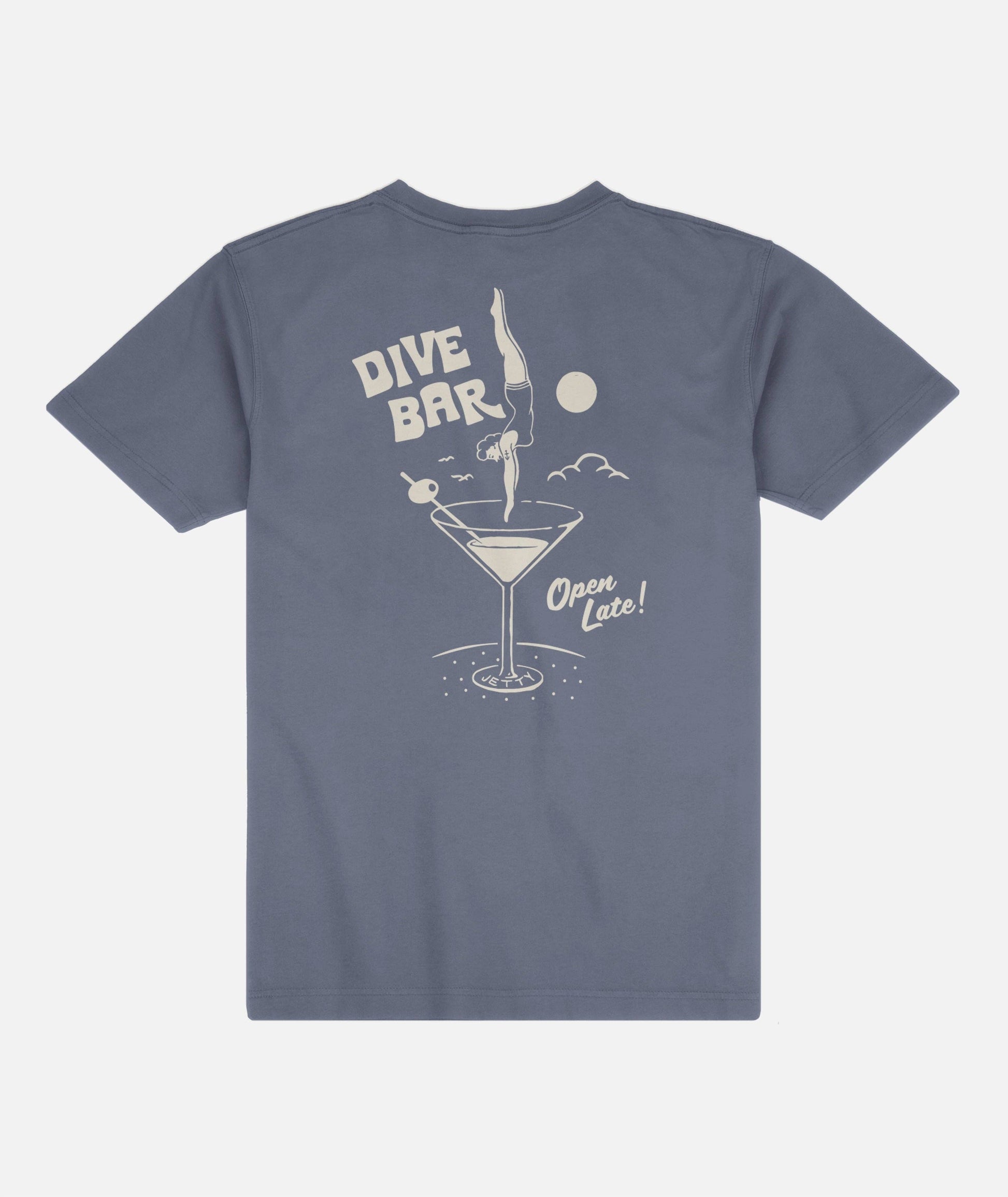 Blue t-shirt with a graphic design of a diving woman into a martini glass on a white background