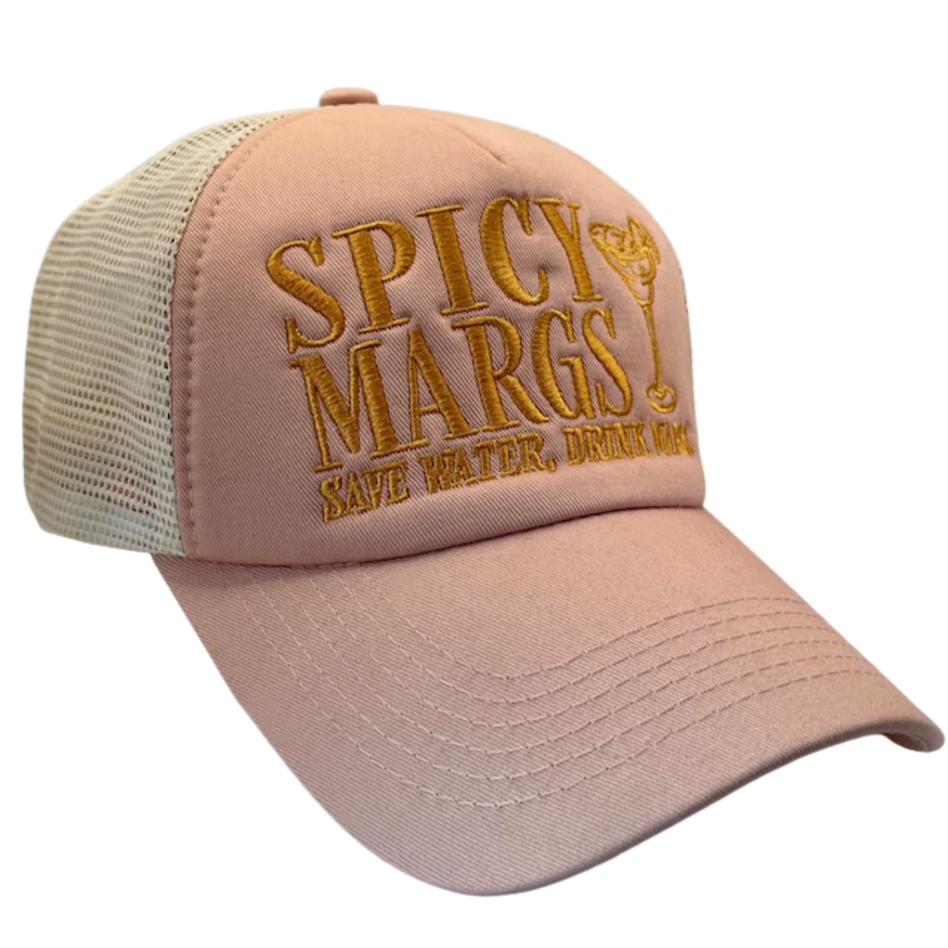 Beige cap with 'Spicy Margs Save Water, Drink Margaritas' text on a white background