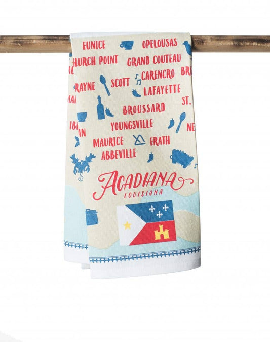 Towel with Acadiana, Louisiana-themed design featuring text and a flag.