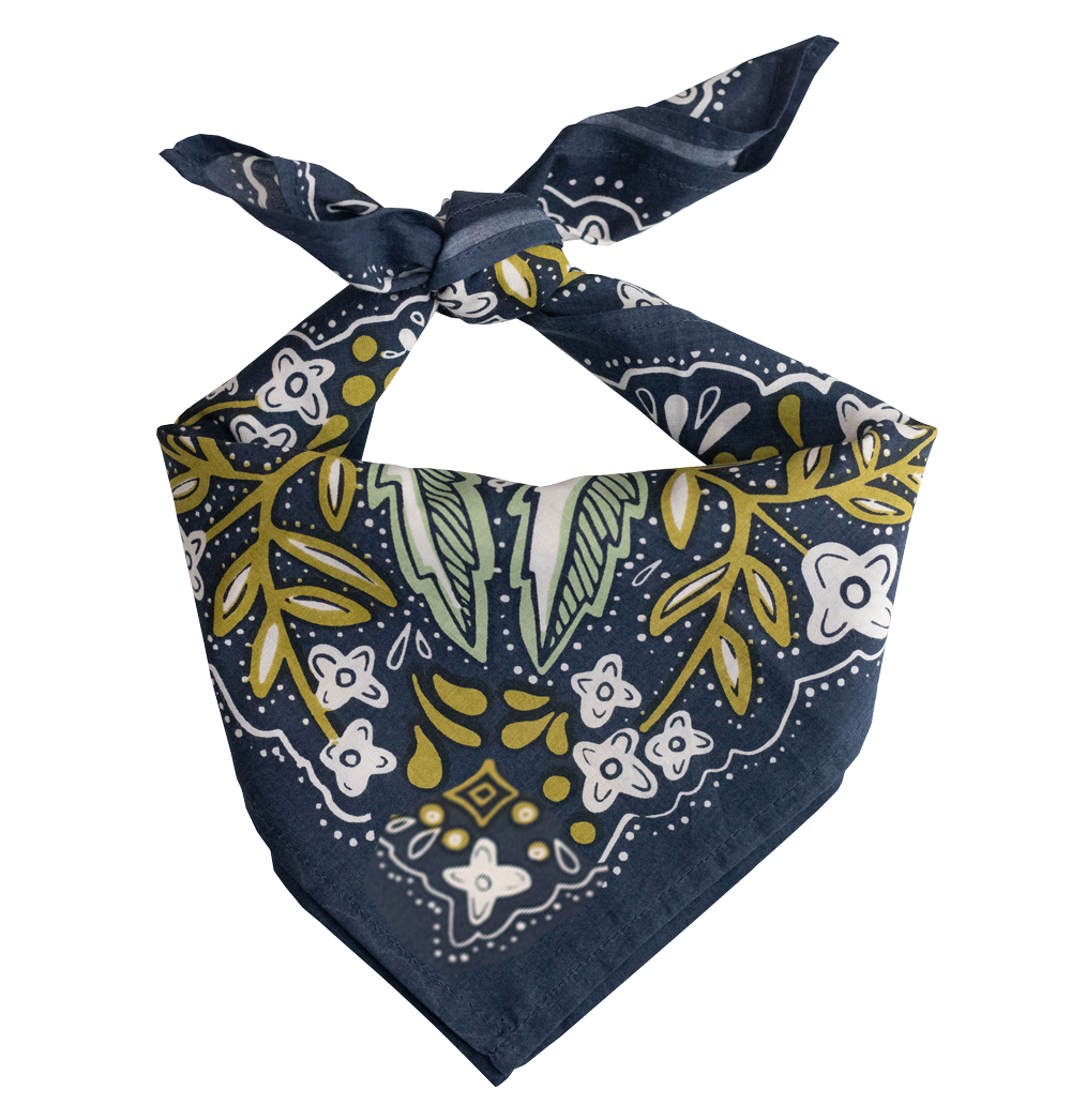 Navy blue bandana with floral pattern on a white background