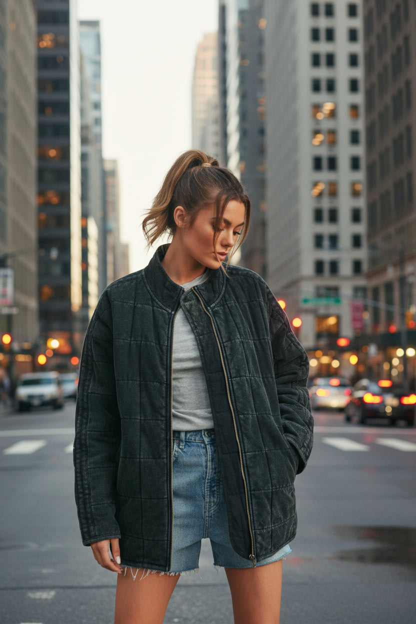 Woman wearing a dark denim jacket over a gray shirt and denim shorts on a beige background