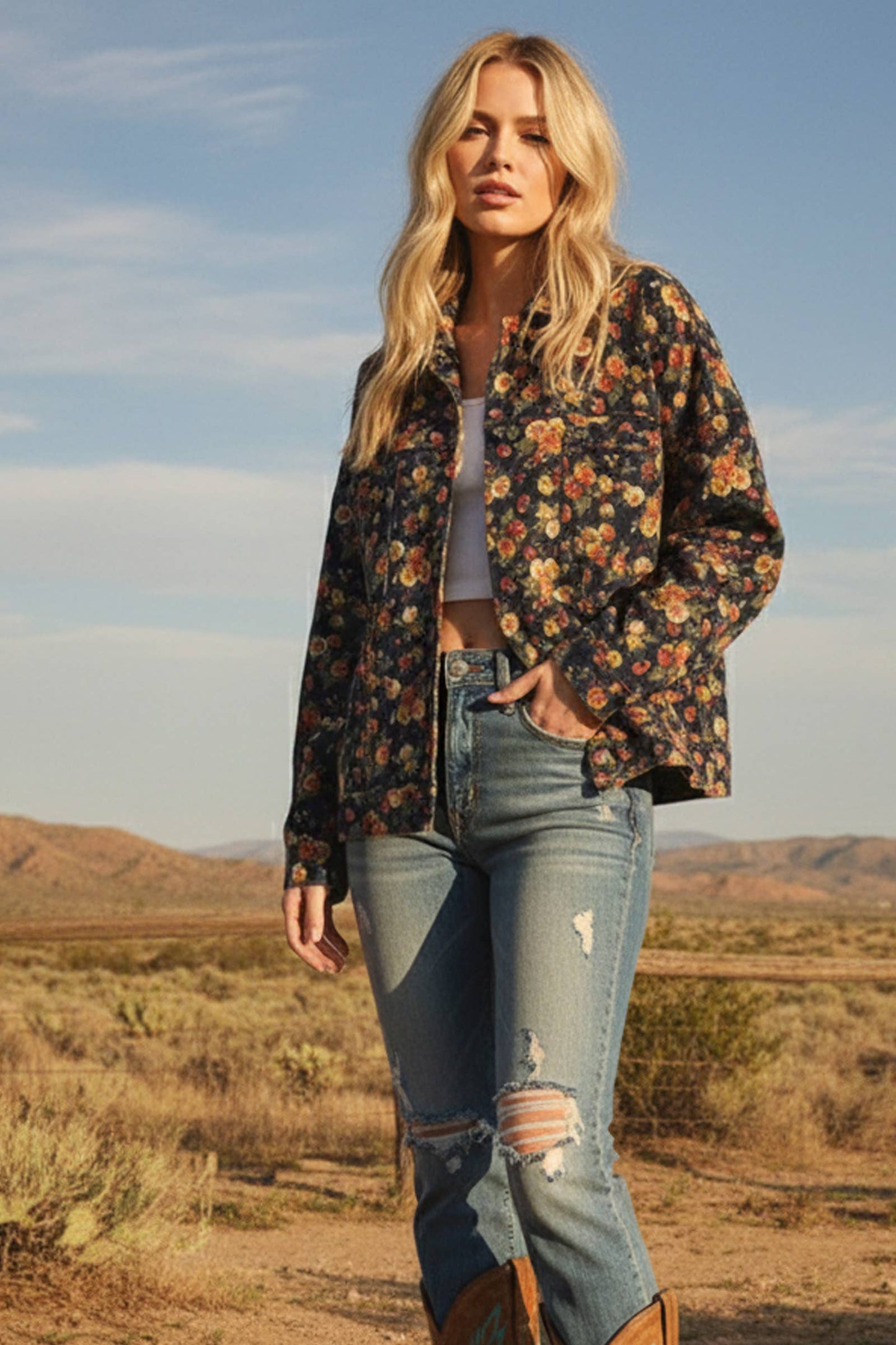 Woman wearing a floral jacket and jeans standing in a desert landscape
