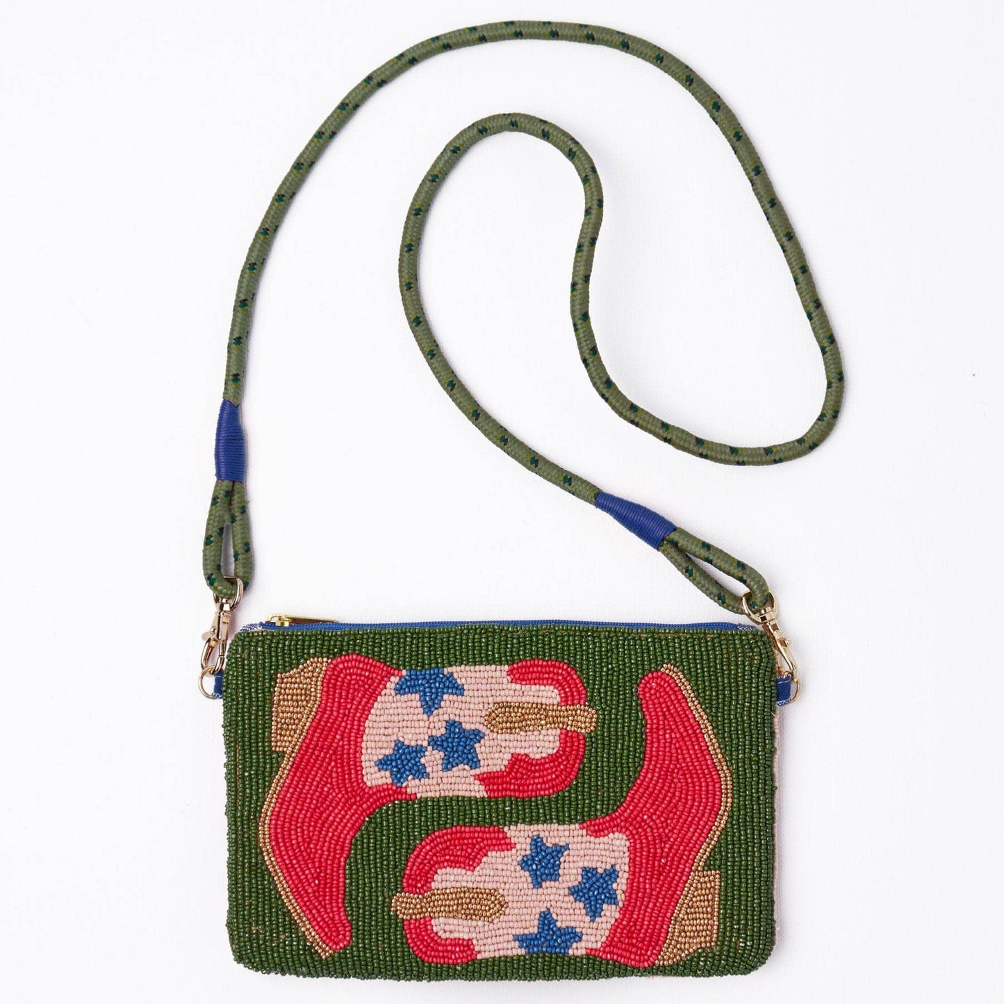 Green beaded purse with red and blue designs on a white background