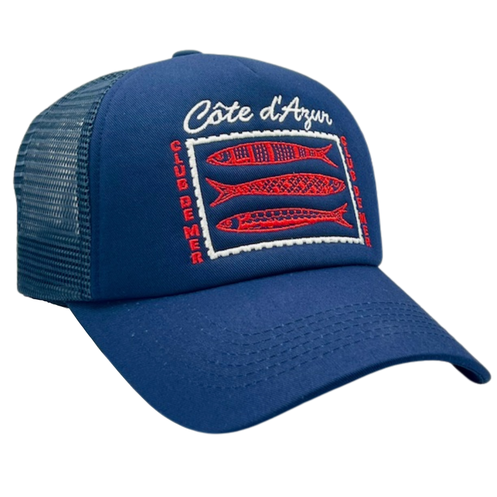 Blue cap with fish design and text on a white background