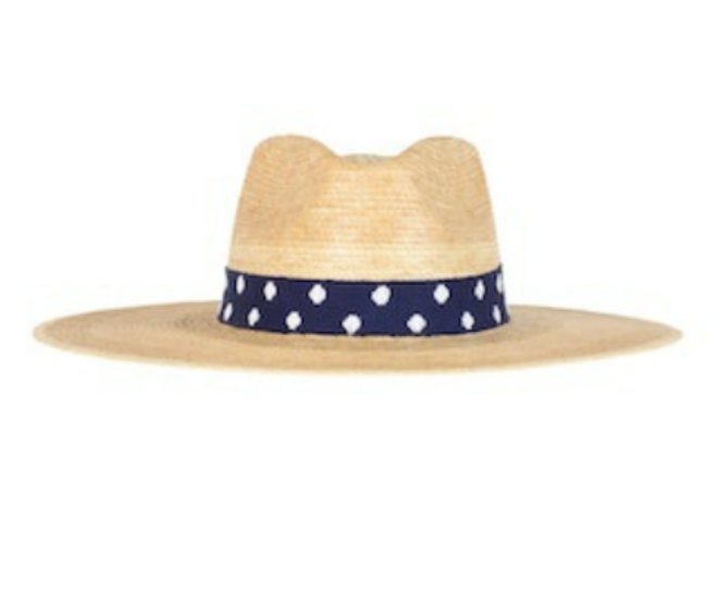 A straw hat with a woven band featuring a colorful stripe pattern, predominantly beige in color with a wide brim.