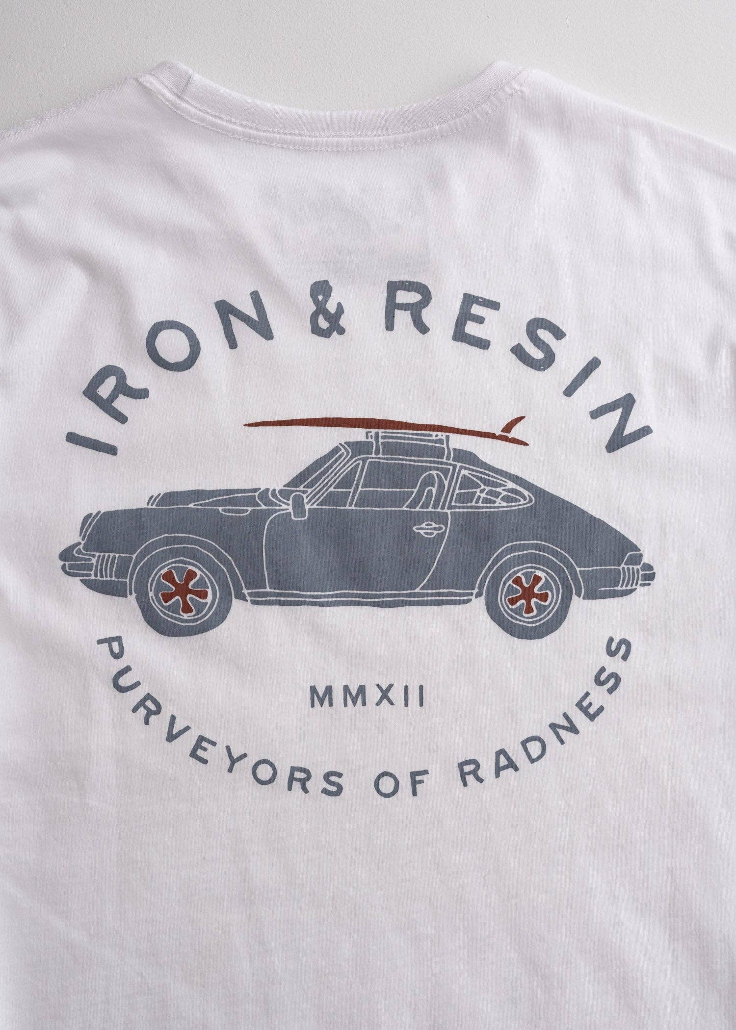 White t-shirt with car graphic and 'Iron & Resin' branding on a light gray background
