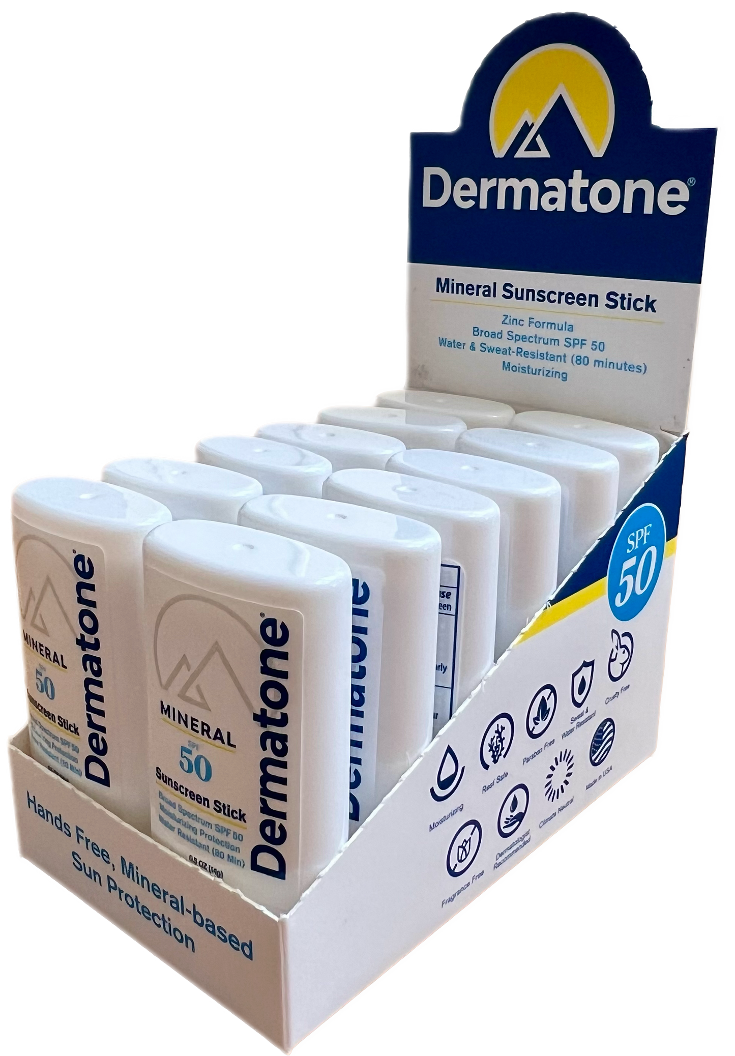 Display box of Dermatone Mineral Sunscreen Sticks with packaging on a white background