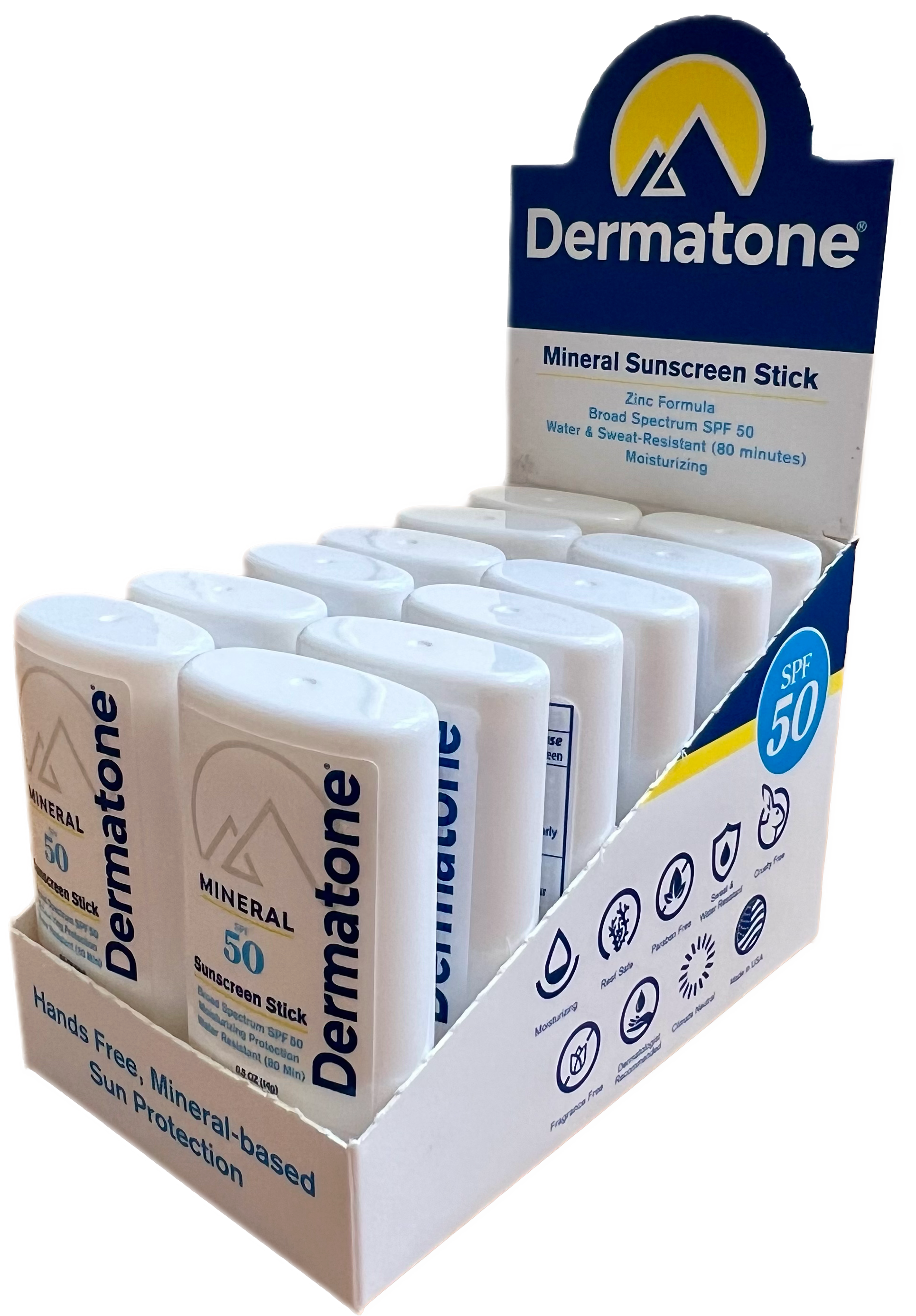 Display box of Dermatone Mineral Sunscreen Sticks with packaging on a white background