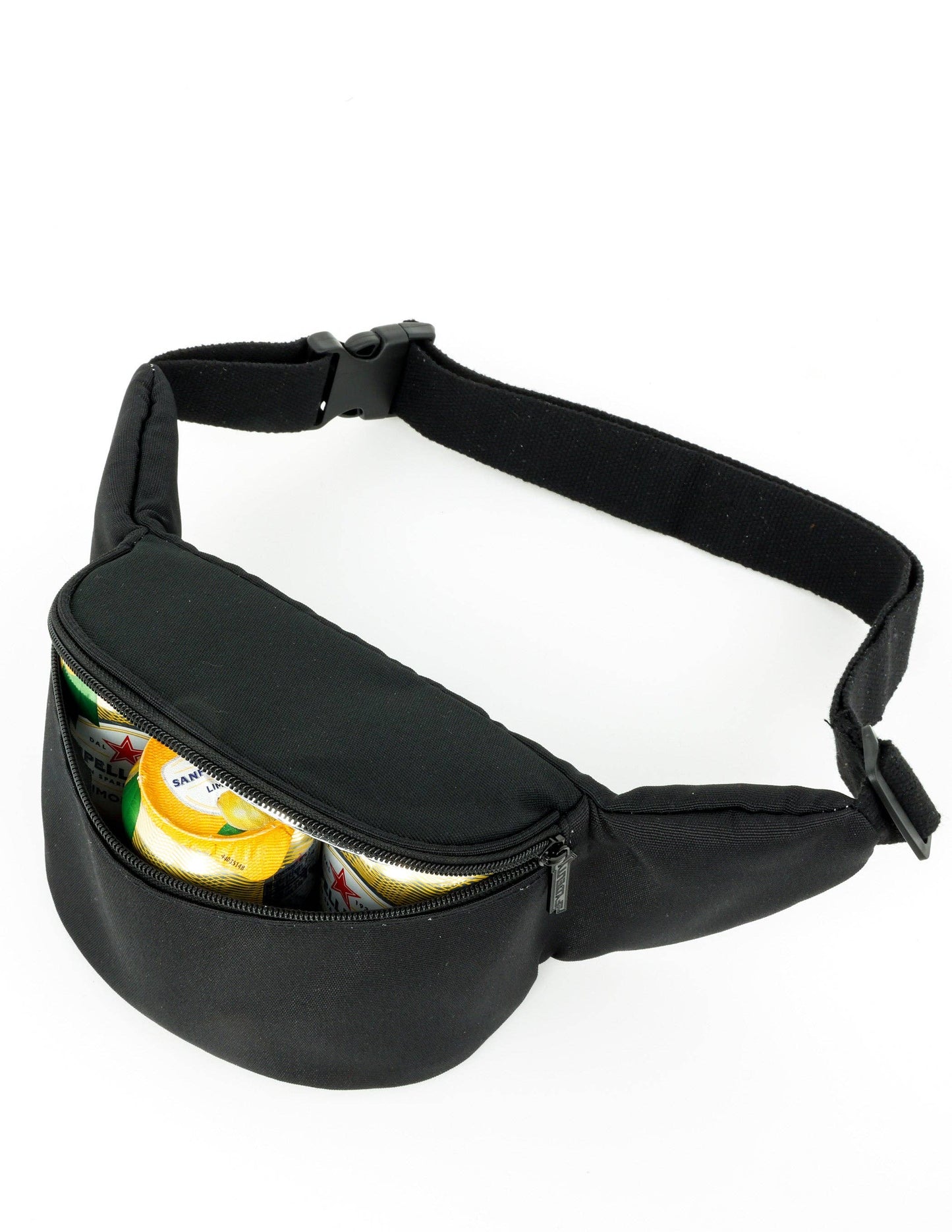 Black waist bag with a clear panel on a white background