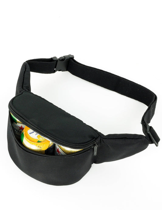 Black waist bag with a clear panel on a white background