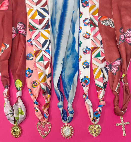 Pink, Burgundy, White and Blue Scarf Necklaces