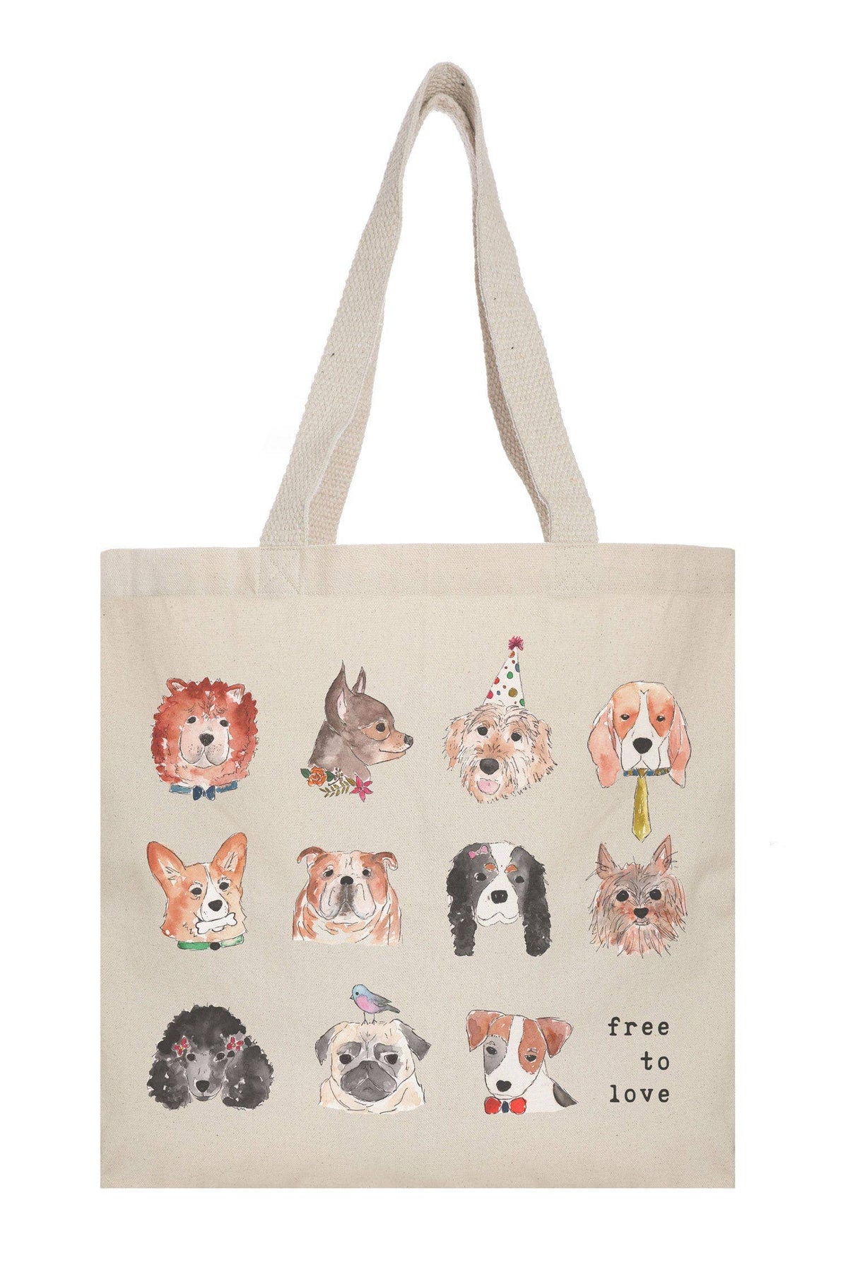 Beige tote bag with illustrations of dogs and the text 'free to love' on a white background