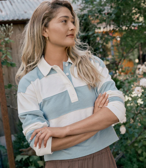 Rugby Crop Polo - Faded Aqua Stripe