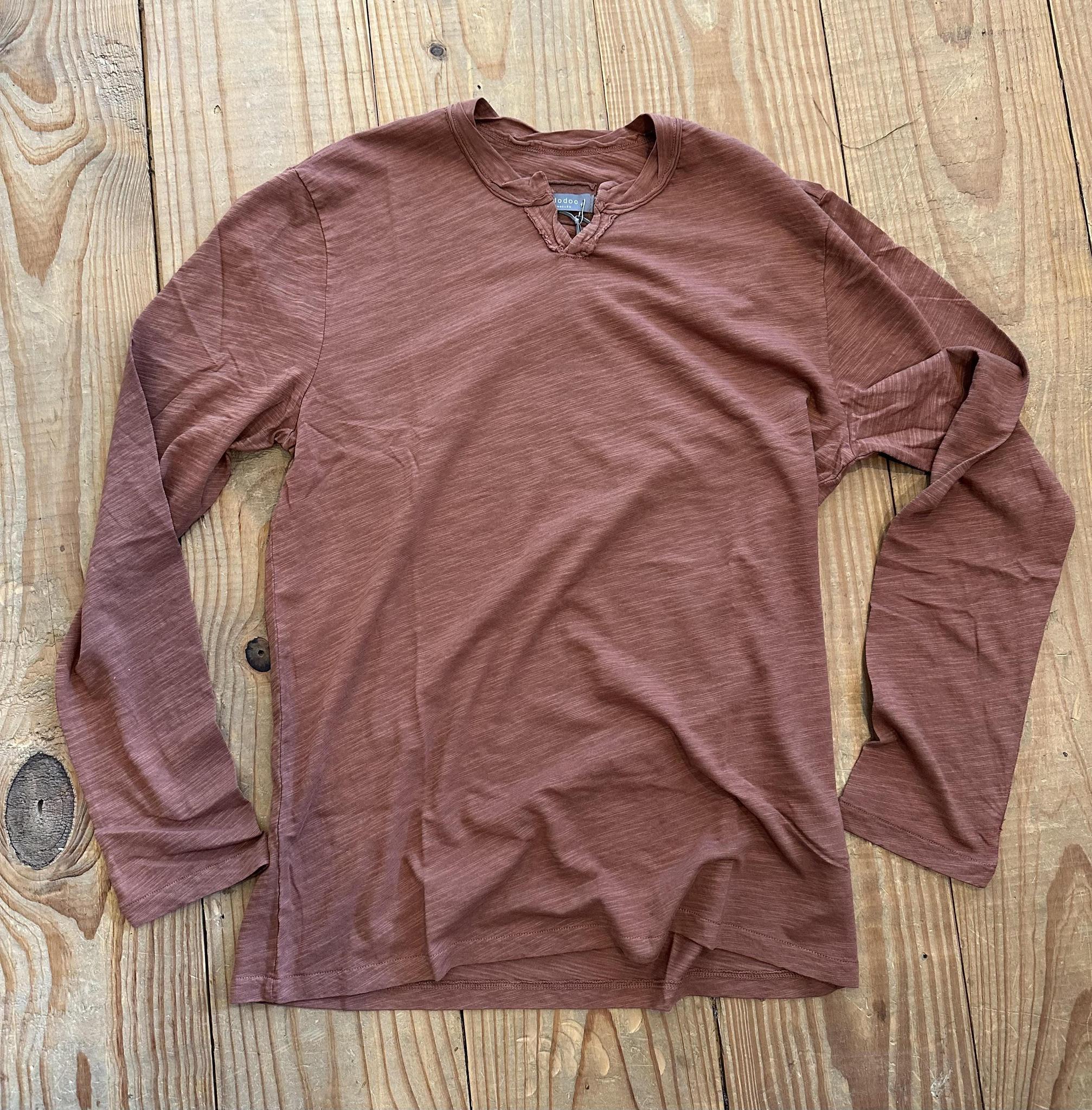 Slub Long Sleeve Notch V-neck - Bark Brown