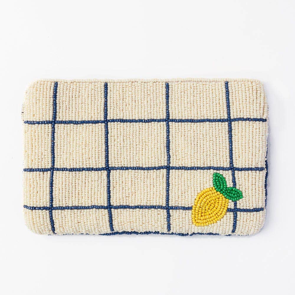Rectangular pouch with grid pattern and lemon design on a white background