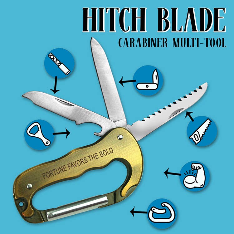 Hitch Blade carabiner multi-tool with knife blade on a blue background