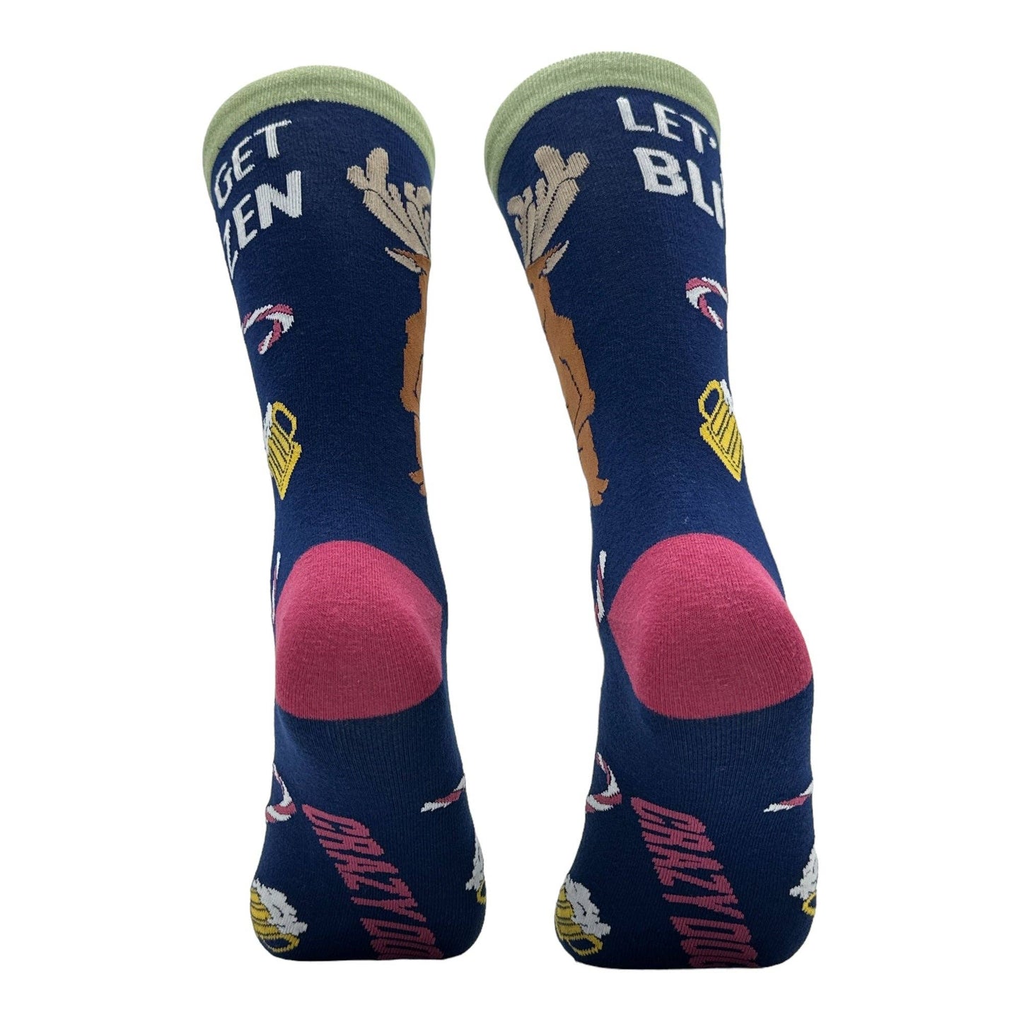 Pair of socks with colorful text and graphics on a white background