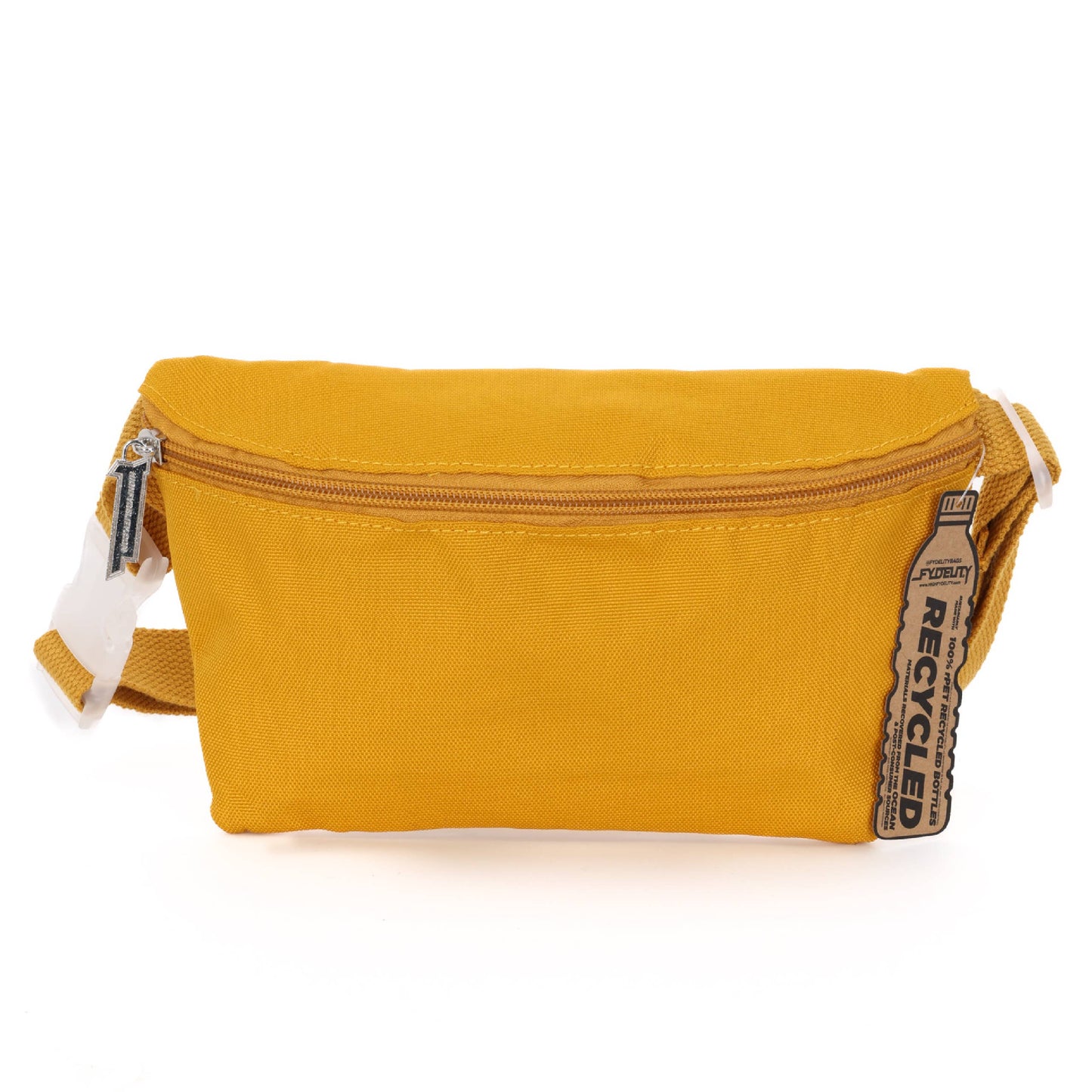 Yellow waist bag with a visible brand label on a white background