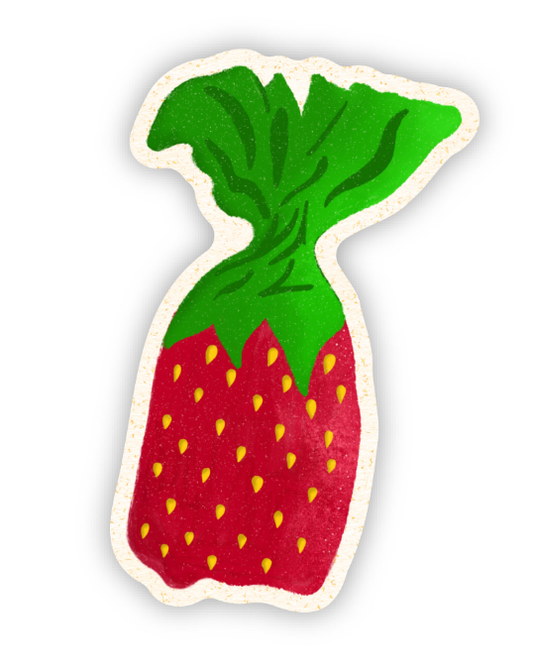 Strawberry-shaped object with green top on a white background