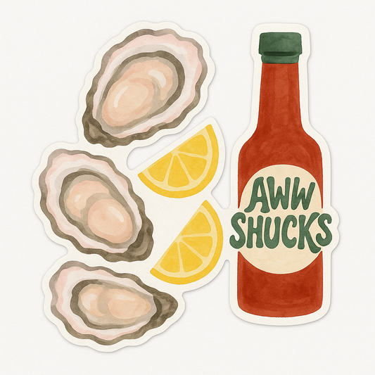 Sticker set with oysters, lemon slices, and a hot sauce bottle labeled 'AWW SHUCKS' on a white background.