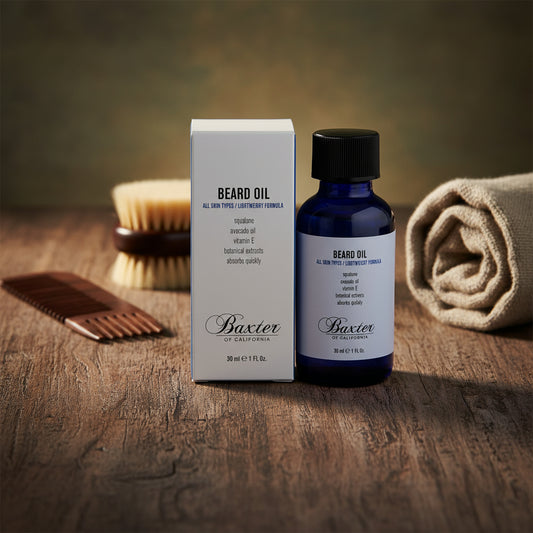 Beard oil bottle with squalane and avocado oils for moisturizing and conditioning hair and skin.