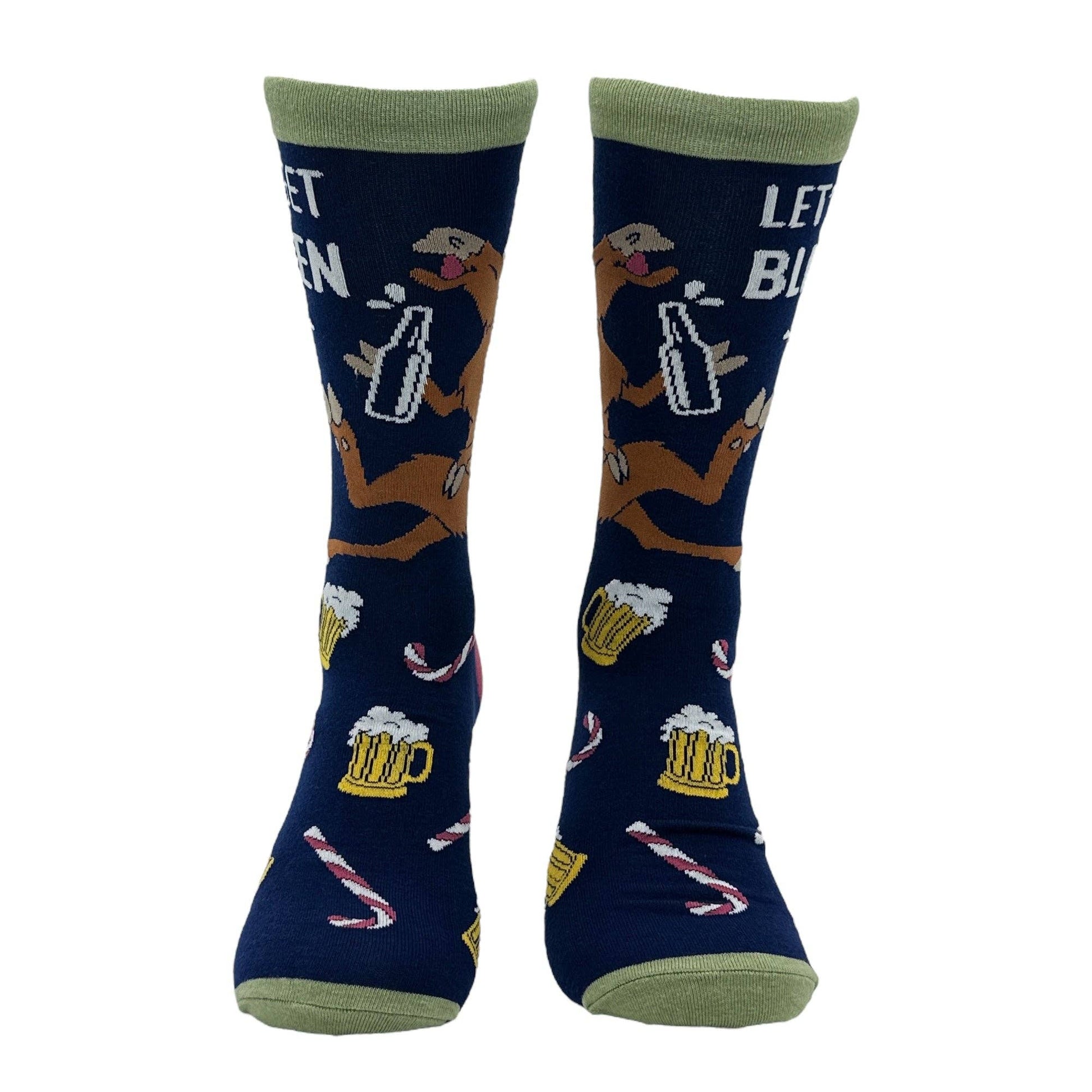 Navy blue socks with dog and beer graphics on a white background