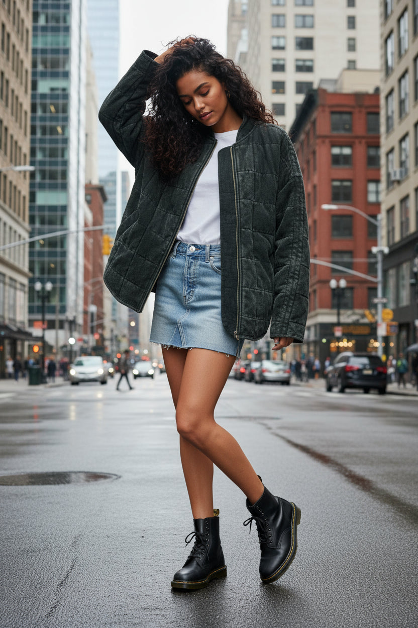 Woman wearing a dark denim jacket, denim shorts, and black boots on a beige background