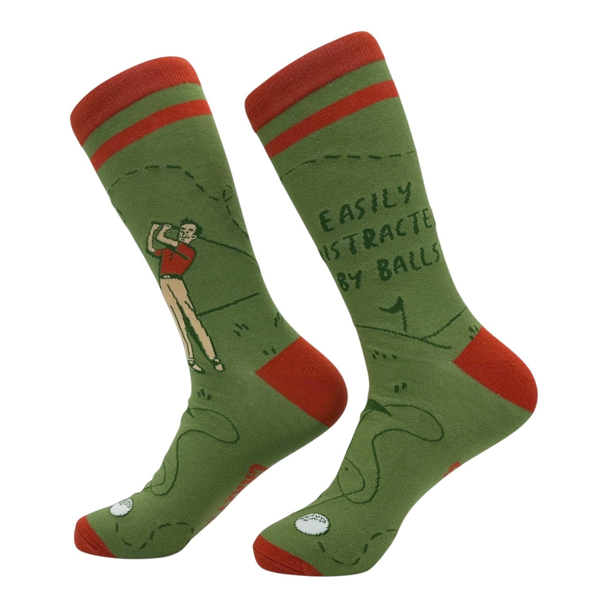 Green socks with red accents featuring a humorous design on a white background