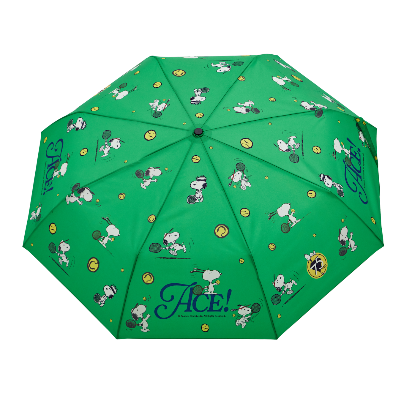Green umbrella with cartoon character pattern on a white background
