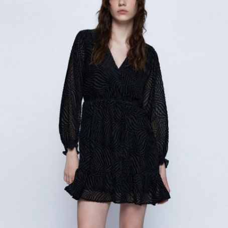 Short Devoré Velvet Wrap Dress - Black