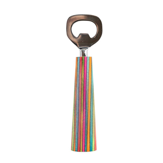 Bottle opener with a colorful striped handle on a white background